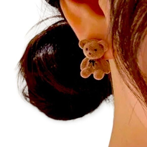Cute Brown Teddy Bears Black Bow Flocked Fuzzy Post Earrings NEW - Picture 1 of 4